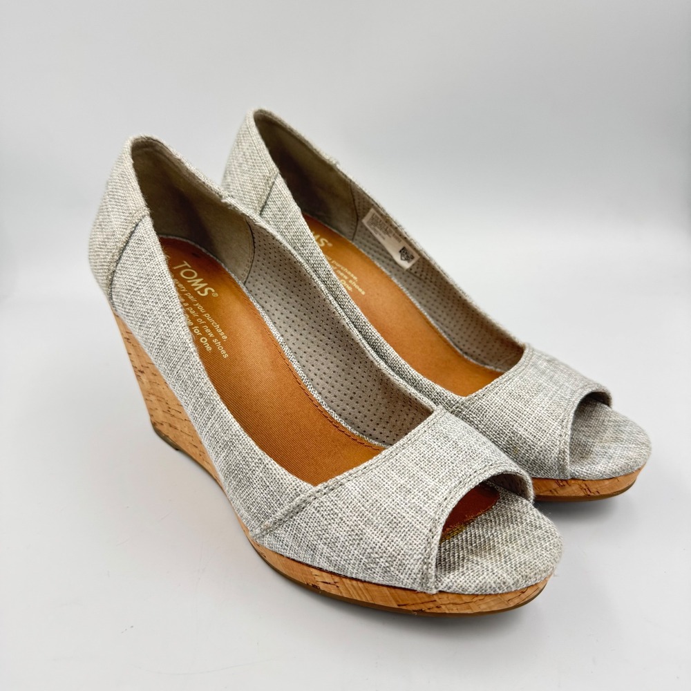 TOMS Wedge Heels Women 7.5 Grey Linen Peep Toe Cork Platform Strapless Sandal